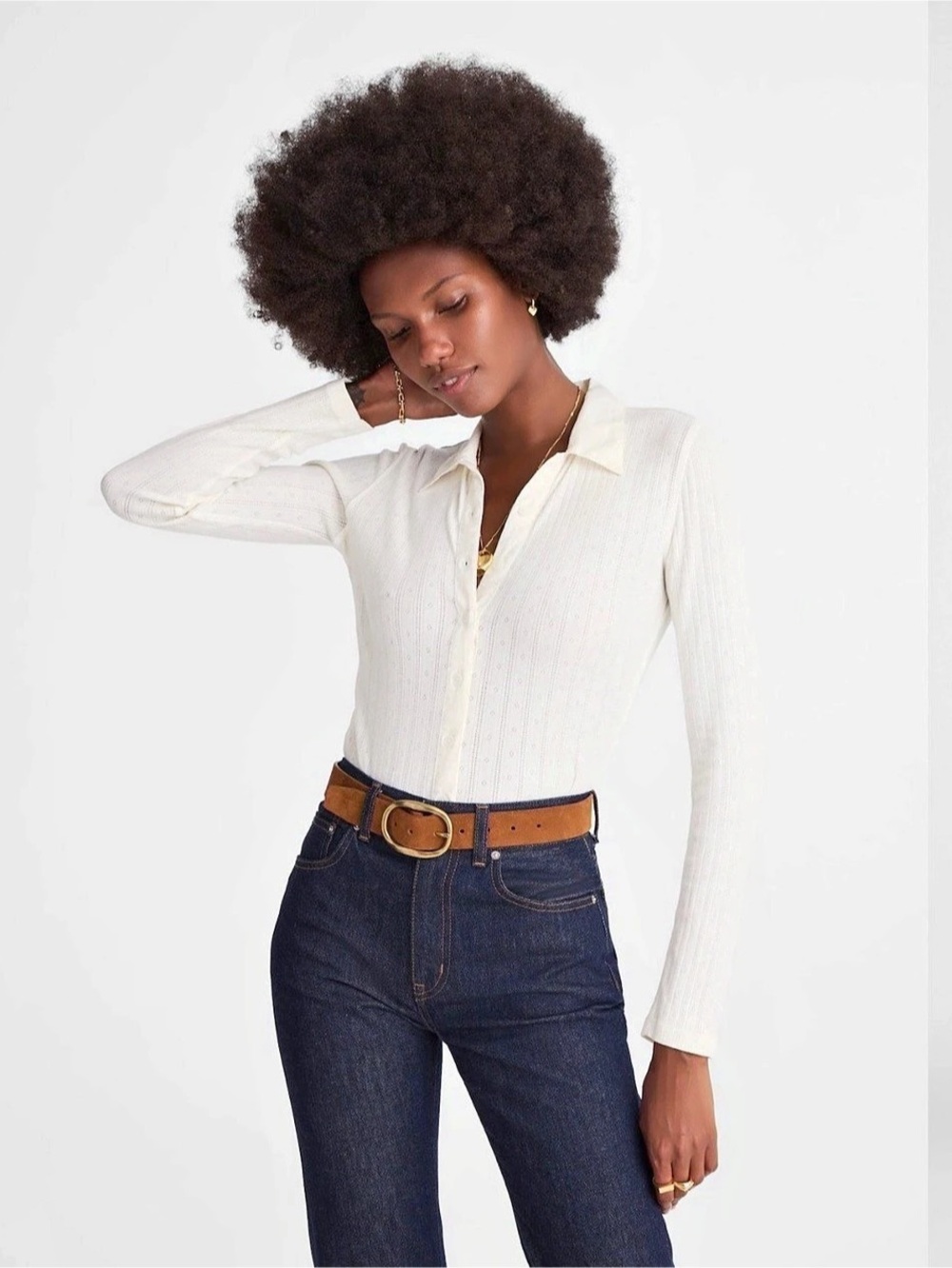 Madewell Pointelle-Knit Polo Cardigan Top Ivory M Size Medium